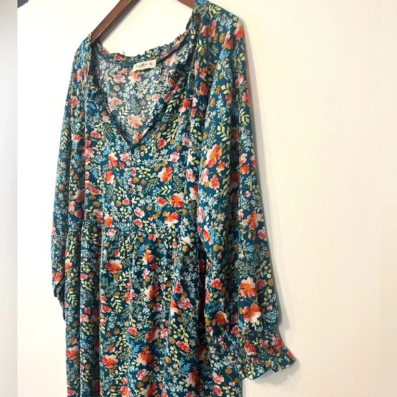 Natural Life Boho Floral Maxi Dress  XL teal Cottagecore Festival Romantic - Picture 3 of 7